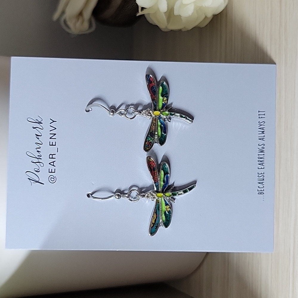 Mosaic Dragonfly Enamel and Silver Drop Earrings - Picture 4 of 8